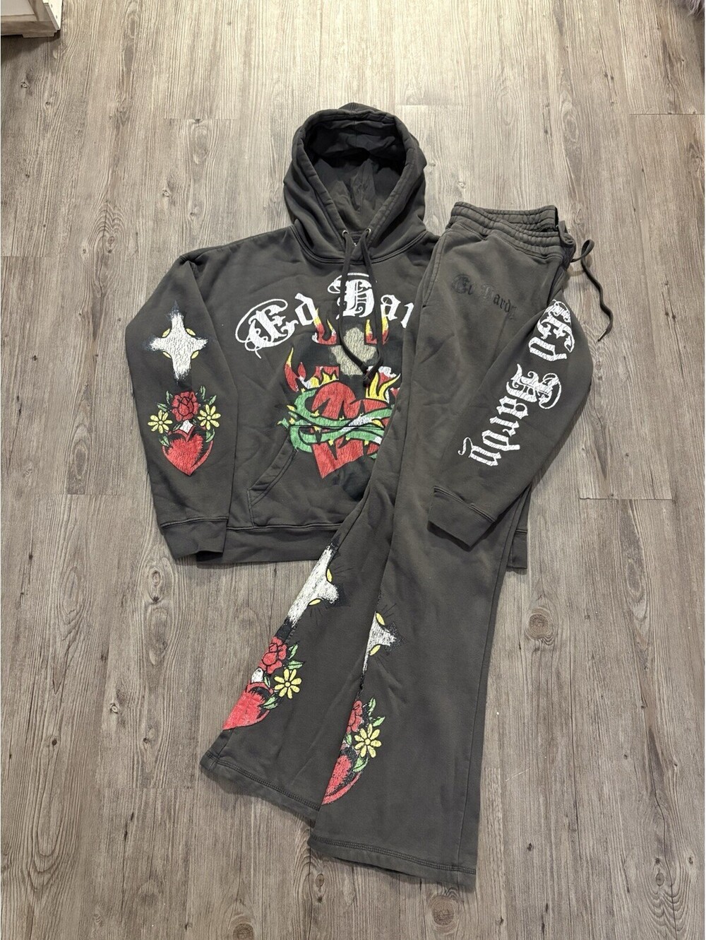 Ed Hardy Gray Y2K 2-Piece Hoodie & Jogger Pants Sweatsuit Set Size Men’s Large